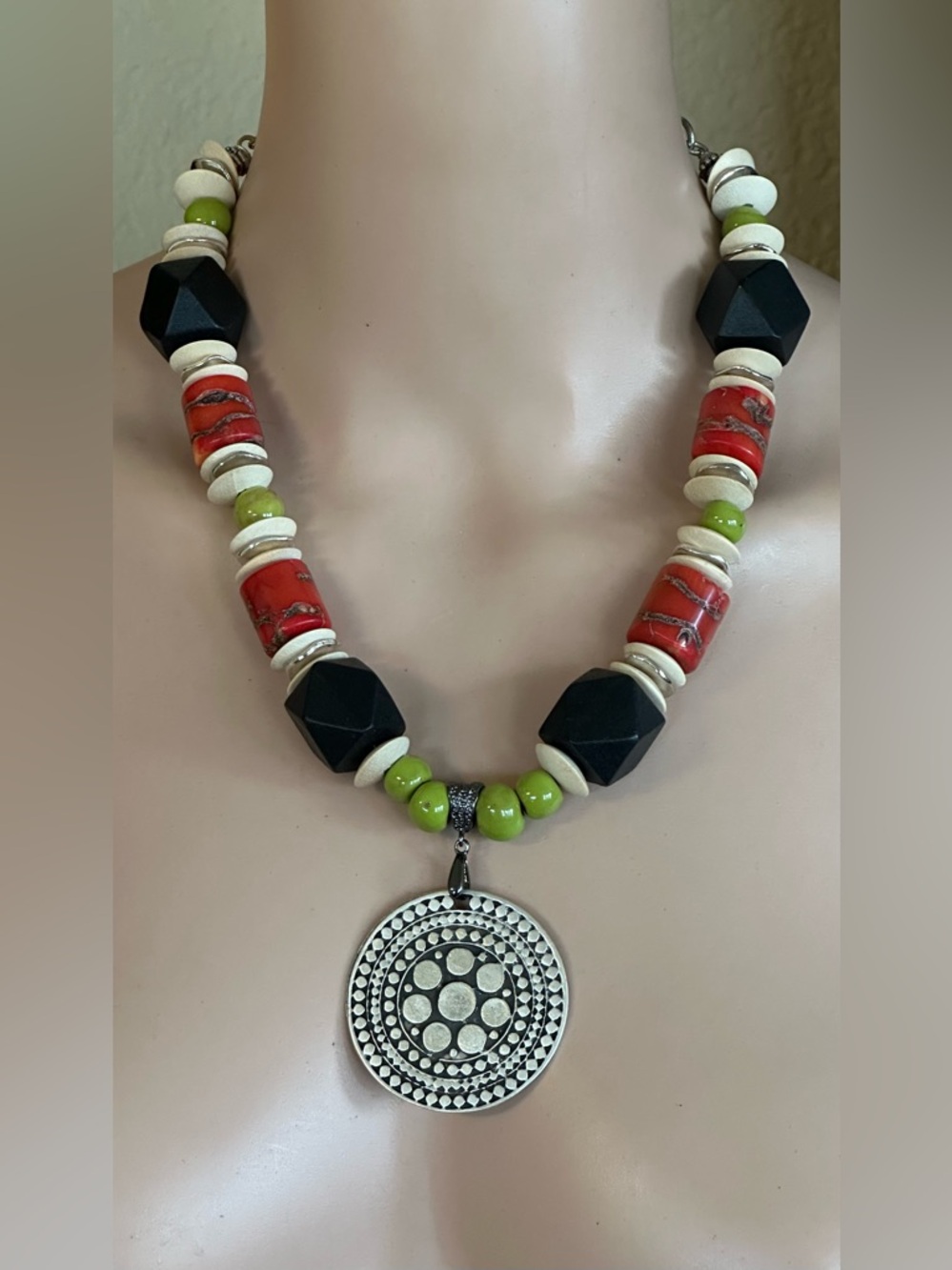 24 inch Colorful Coral and Wood bead necklace NWOT